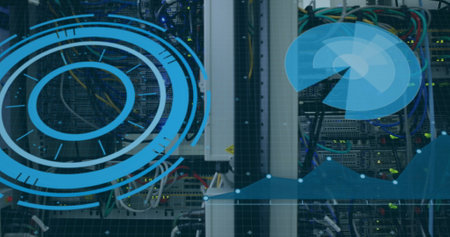 Image of scope scanning and data processing over cables in computer server. global computing and...