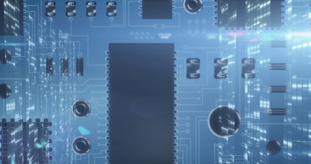 Image of data processing on glowing computer circuit board. global connections, digital interface...
