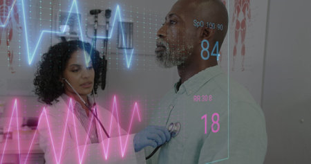 Image of colourful cardiographs over diverse patient and doctor treating. Medicine, health and...