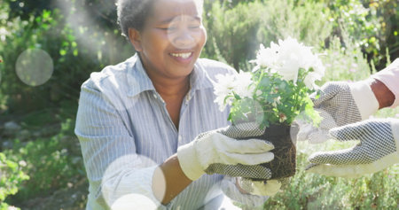 Spots of light against african american senior couple gardening together in the garden. community garden week awareness conceptの写真素材