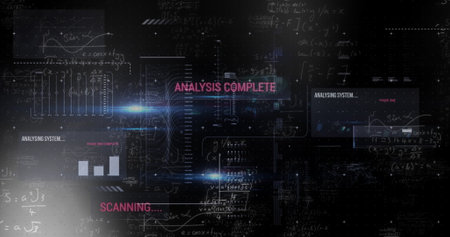 Image of data processing with mathematical equations on black background. Global technology,...