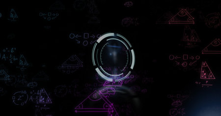 Image of data processing and clock on black background. Social media and communication interface...