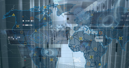 Image of data processing over world map against caucasian male engineer walking in server room....