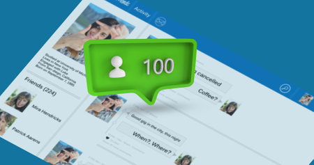 Digital image of a social media account interface and a green message bubble with a profile icon and increasing numbers for social media 4kの写真素材