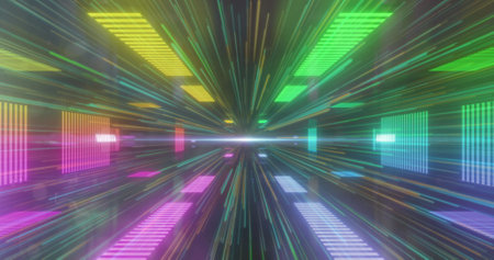 Colourful glowing rectangles moving over green and yellow starburst. vintage colour and movement...