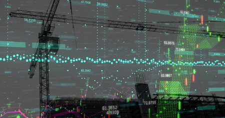 Image of financial data processing over construction site. global development, business, finance,...