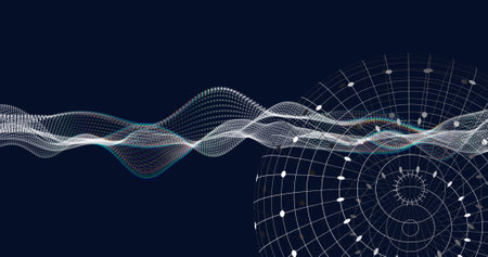 Image of white waves and globe on black background. shape, colour and movement concept digitally...
