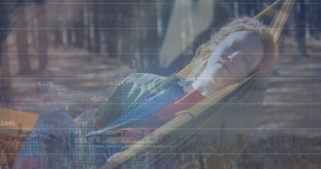 Image of digital data processing over caucasian woman on a hammock. Global connections, data...