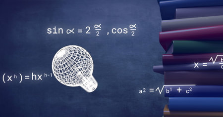 Image of icons and mathematical equations over books on grey background. Education, learning,...