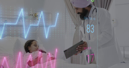 Image of data processing over asian male doctor with girl patient. Global healthcare, science,...