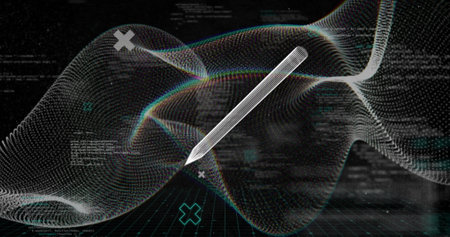 Image of pencil icon and mathematical equations over white shapes on black background. Education,...