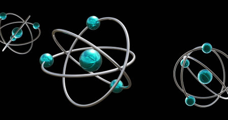 Image of atom models spinning on black background. Global science, research, connections, computing and data processing concept digitally generated image.の写真素材