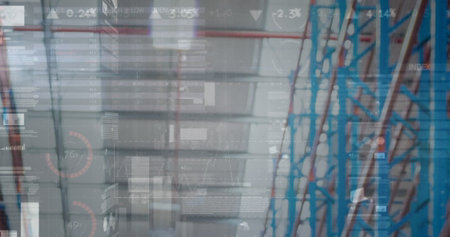 Image of financial data processing over warehouse. global business, data processing, digital...