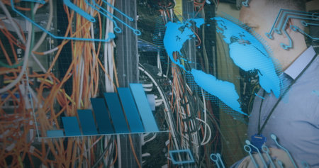 Image of interface with data processing over caucasian male engineer working at server room....