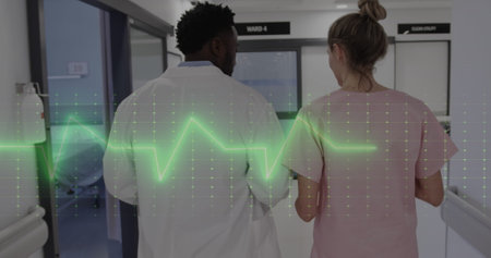 Image of data processing over diverse doctors in hospital. Global healthcare, science, medicine, research, computing and data processing concept digitally generated image.の写真素材