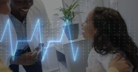 Image of data processing over african american male doctor with girl patient. Global healthcare, science, medicine, research, computing and data processing concept digitally generated image.の写真素材
