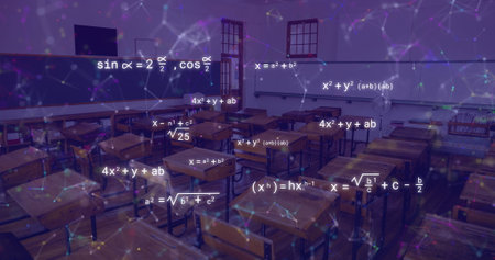 Image of mathematical equations and network of connections over empty classroom. Education,...