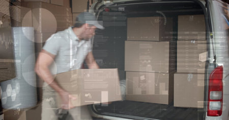 Image of statistics and financial data processing over delivery man and van. global shipping, delivery, business, data processing and technology concept digitally generated image.の写真素材