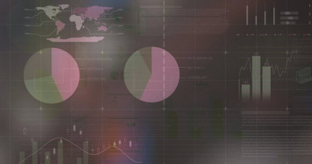 Image of financial data processing over grey background. global business, data processing, digital interface, technology concept digitally generated image.の写真素材