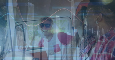 Image of graphs over happy diverse friends in car. Friendship, spending time together concept...