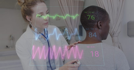 Image of data processing over caucasian female doctor with female patient. Global healthcare, science, medicine, research, computing and data processing concept digitally generated image.の写真素材