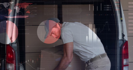 Image of statistics and financial data processing over delivery man and van. global shipping,...