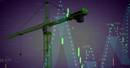 Image of crane at construction site, financial data processing and statistics. global development,...