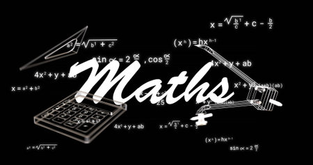 Image of maths text over icons and mathematical equations on black background. Education, learning,...