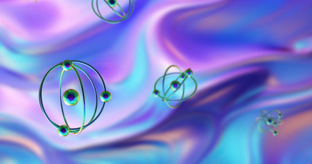 Image of atom models spinning over multicoloured vibrant background. Global science, research, connections, computing and data processing concept digitally generated image.の写真素材