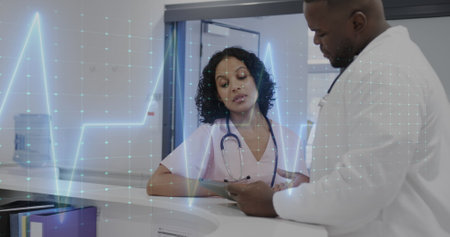 Image of data processing over diverse doctors in hospital. Global healthcare, science, medicine,...