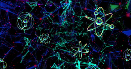 Image of atom models spinning and connections on black background. Global science, research, connections, computing and data processing concept digitally generated image.の写真素材