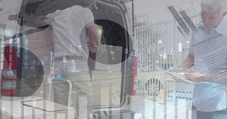 Image of statistics and financial data processing over delivery man and van. global shipping,...