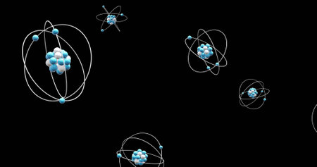 Image of atom models spinning on black background. Global science, research, connections, computing and data processing concept digitally generated image.の写真素材