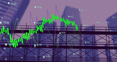 Image of financial data processing over cityscape. global business, finance, digital interface and...