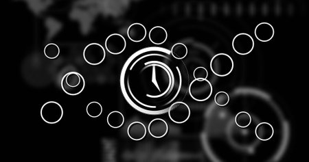 Image of clock moving over dna strand with data processing on black background. Global science and...