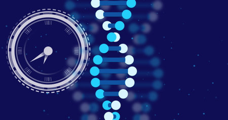 Image of clock moving over dna strands on blue background. Global science and digital interface...