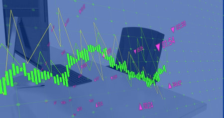 This is an image of graphs with numbers moving on a transparent background. It can be used to represent financial data or statistics.の写真素材