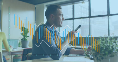 Image of financial data processing over caucasian businessman working at office. Global business,...