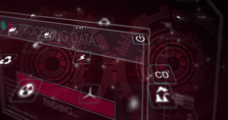 Image of data processing and ecology icons over scope scanning. Global business and digital interface concept digitally generated image.の写真素材