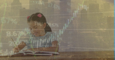 Image of data processing over caucasian girl writing. Global education and digital interface concept...
