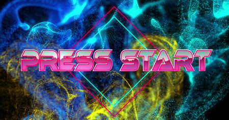 Image of press start text banner over blue and golden glowing digital waves on black background....
