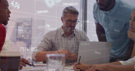 Image of financial data processing over diverse business people working at office. Global business,...