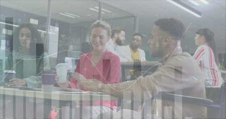 Image of financial data processing over diverse business people working at office. Global business,...