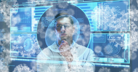 Image of screen with covid 19 cells and data processing over male doctor. global coronavirus pandemic, medicine and research concept digitally generated videの写真素材