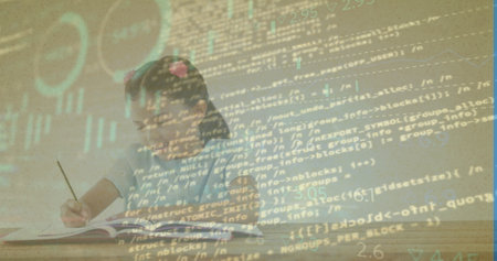 Image of data processing over caucasian girl writing. Global education and digital interface concept digitally generated image.の写真素材