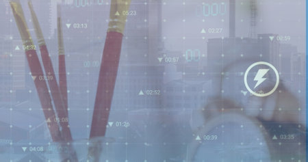 The image is a digitally generated illustration of data processing over a cityscape. The background...