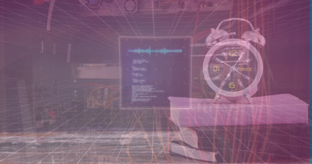 Image of data processing over server room and clock. Global education and digital interface concept digitally generated image.の写真素材