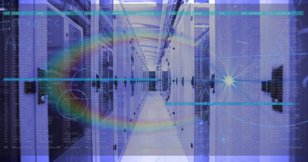 Image of data processing over computer servers. Global science, computing, connections, data...