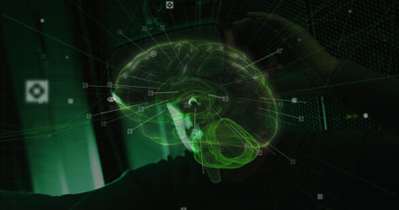 Image of caucasian and digital brain over asian man in server room. Global technology, online security and digital interface concept digitally generated image.の写真素材