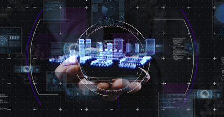 Image of processor spinning and scope scanning over smartphone. global connections, architecture and...